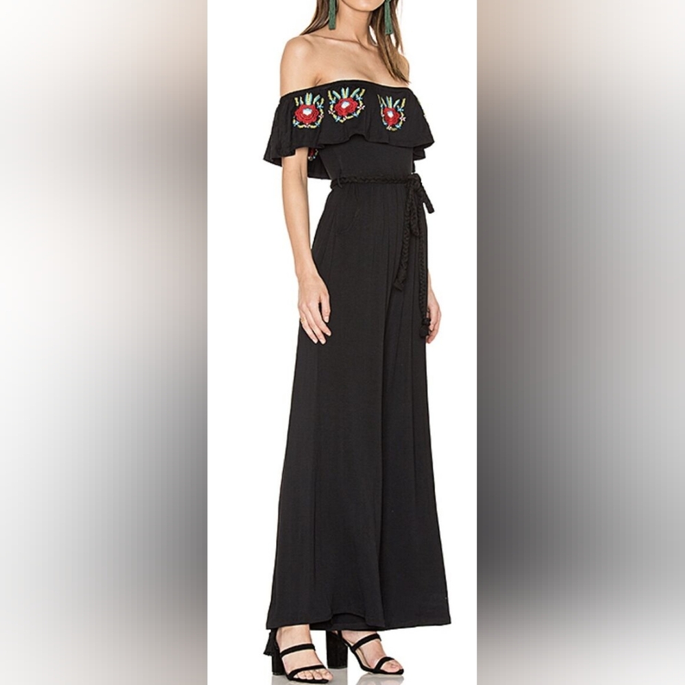 VaVa by Joy Han black jersey wide leg jumpsuit rose embroidery braided belt sz L